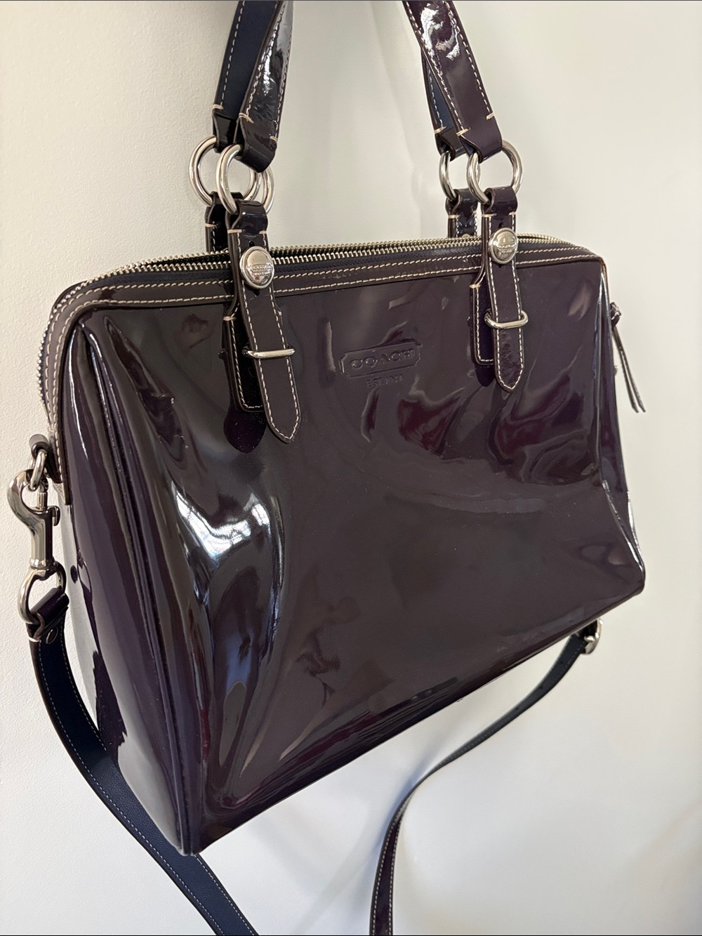 Coach Glossy Patent Satchel in Dark Purple with shoulder Strap